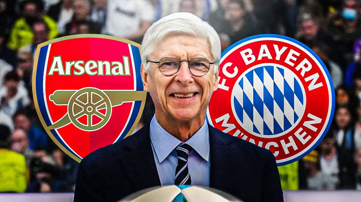 Arsene Wenger inbetween the Arsenal and Bayern Munich logos champions league