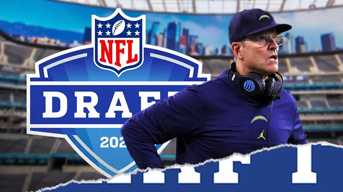 Chargers Jim Harbaugh next to the 2024 NFL Draft logo