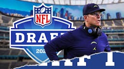 Chargers Jim Harbaugh next to the 2024 NFL Draft logo