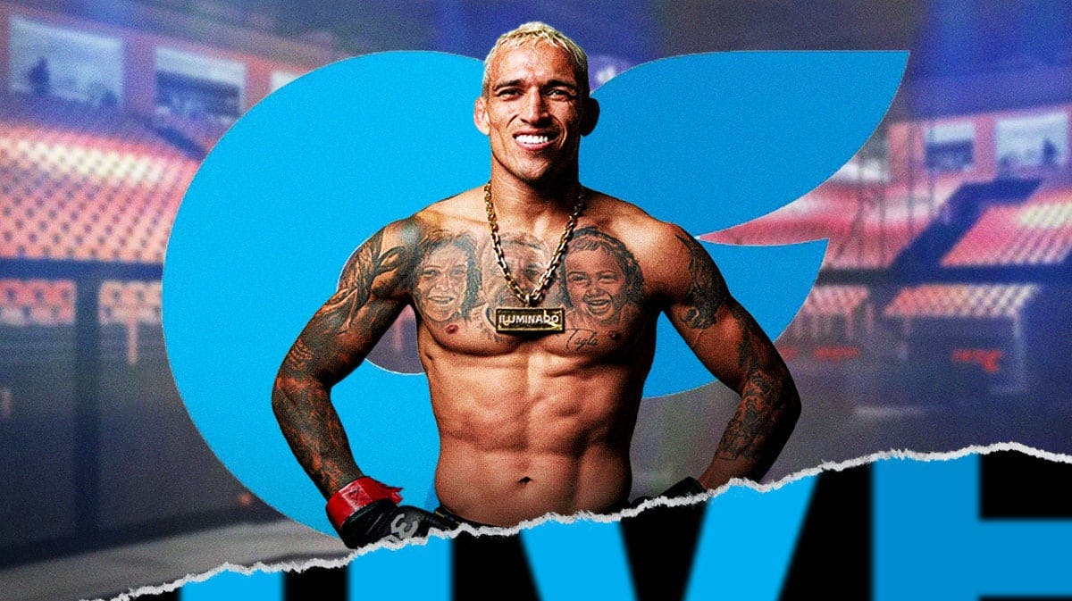 Charles Oliveira in front of the UFC 300 cage, the onlyfans logo in the back