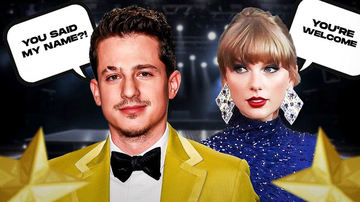 Charlie Puth and Taylor Swift. Puth has speech bubble: "You said my name?!" and Swift has speech bubble: "You're welcome"