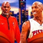 Blazers' Chauncey Billups (current as coach) and 2004 Pistons version of Billups side-by-side, both smiling