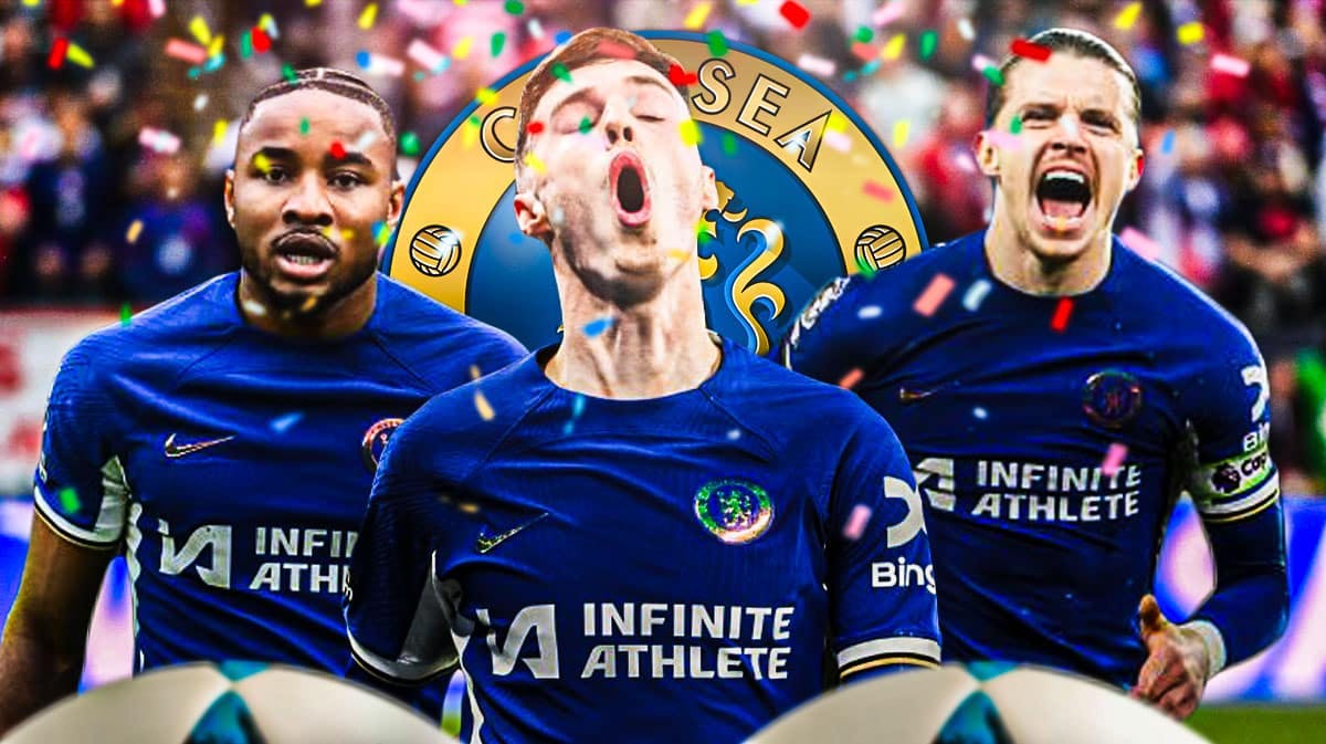 Cole Palmer, Christopher Nkunku, Conor Gallagher celebrating in front of the Chelsea logo