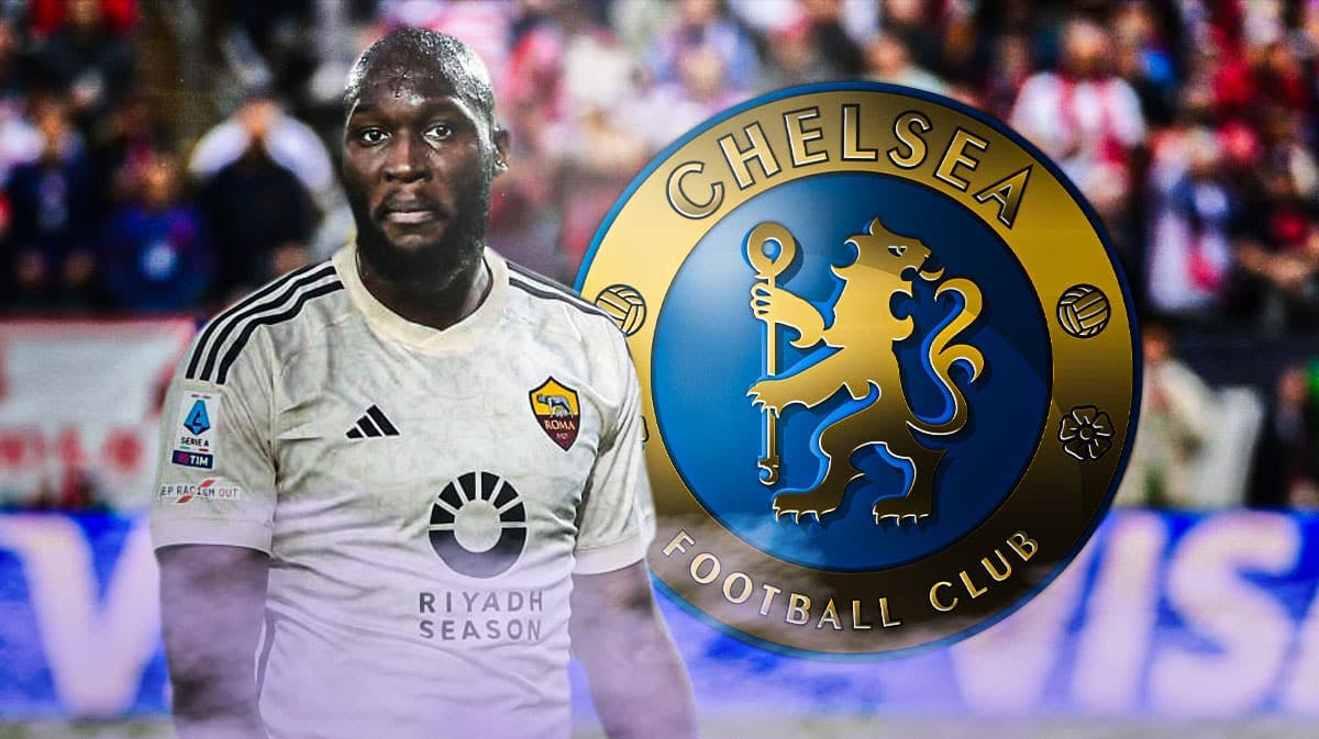 Romelu Lukaku in front of the Chelsea logo, an exit door next to him