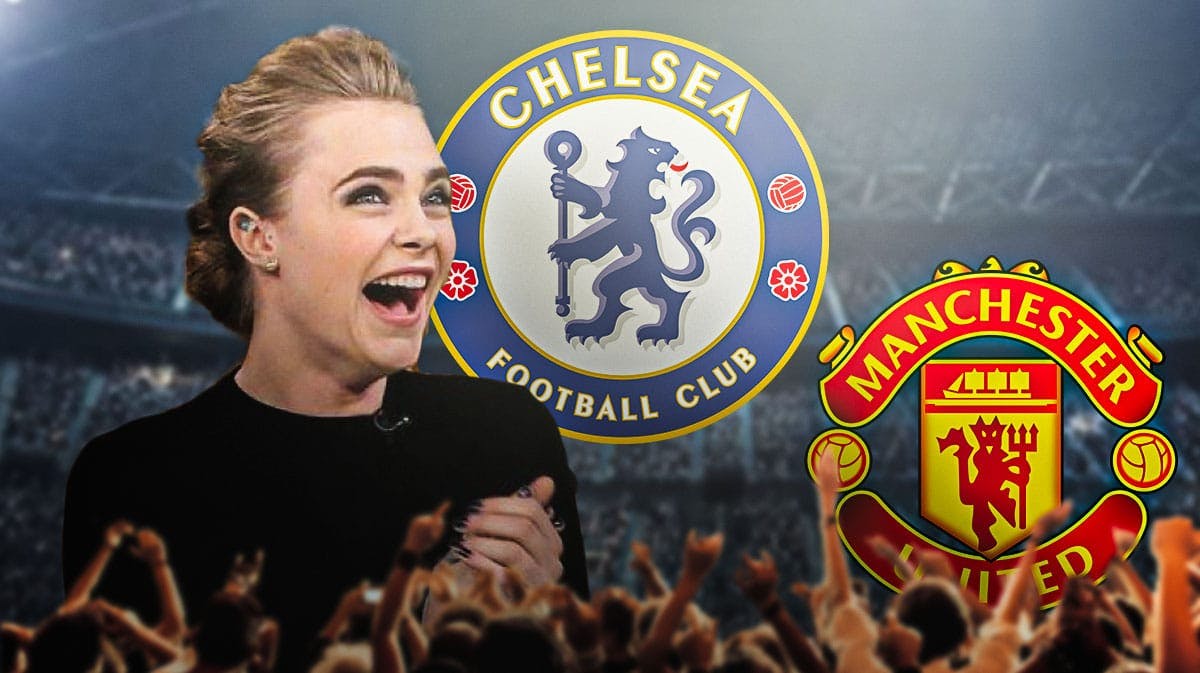 Cara Delevingne laughing happily in front of the Chelsea and Manchester United logo