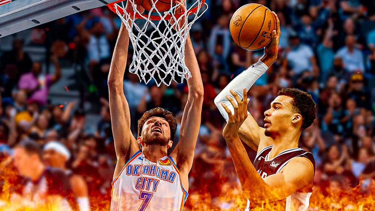 Thunder's Chet Holmgren, Spurs' Victor Wembanyama both dunking basketballs. Place fire in image.