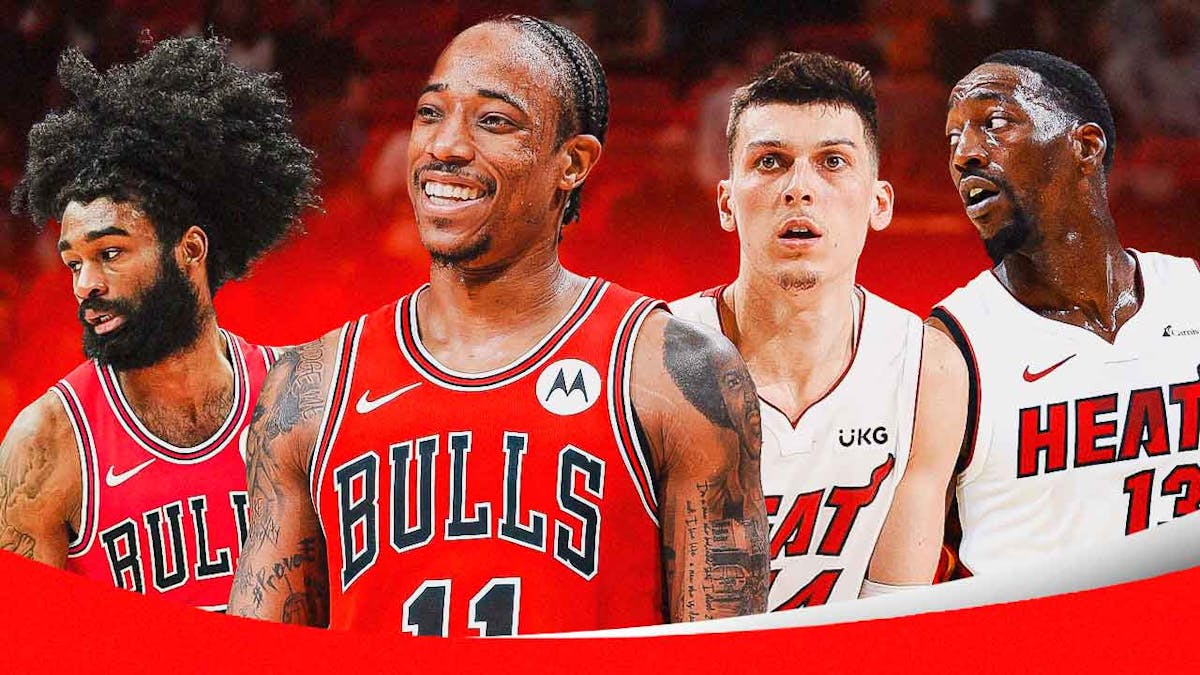 Bulls, Heat, NBA play-in tournament, Coby White, Bulls Heat, Coby White, DeMar DeRozan, Tyler Herro and Bam Adebayo with Heat arena in the background