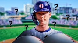 Cubs' Pete Crow-Armstrong looking serious with question marks everywhere.