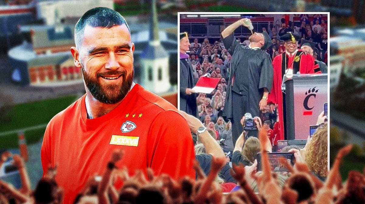 Cincinnati held a surprise commencement ceremony for Jason & Travis Kelce, with Travis's beer celebration going viral.