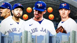 Blue Jays' Chris Bassitt looking angry, with angry emojis all over him, with Kevin Gausman, Yusei Kikuchi, and Jose Berrios all looking tired