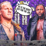 Chris Jericho with a text bubble reading " He is the right guy for the job" next to Swerve Strickland with the AEW Dynasty logo as the background.