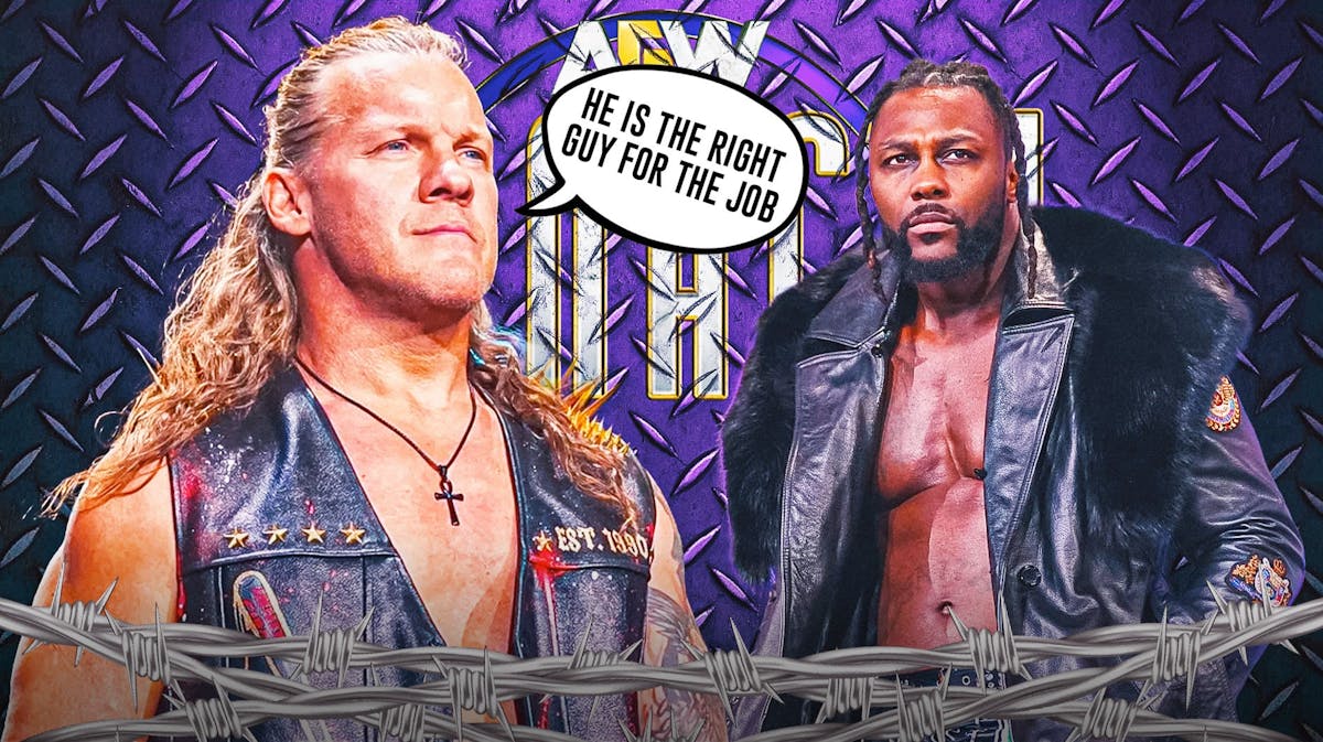 Chris Jericho with a text bubble reading " He is the right guy for the job" next to Swerve Strickland with the AEW Dynasty logo as the background.
