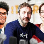 Chris O'Dowd between Katherine Parkinson and Richard Ayoade with The IT Crowd logo and office space background.