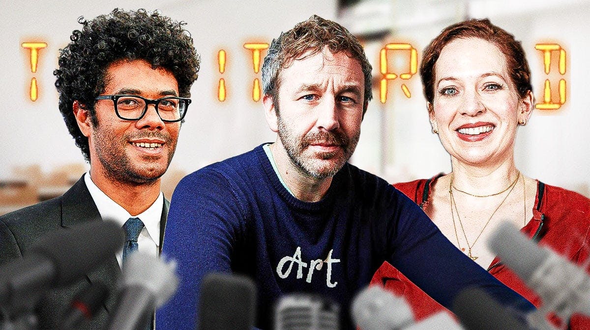 Chris O'Dowd between Katherine Parkinson and Richard Ayoade with The IT Crowd logo and office space background.