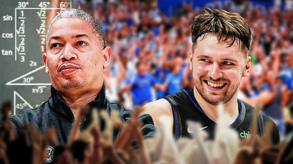 Clippers' Tyronn Lue in the lady calculating meme, with Mavericks' Luka Doncic laughing at Lue