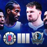 Clippers' Kawhi Leonard and Paul George in a match card against Mavericks' Luka Doncic and Kyrie Irving