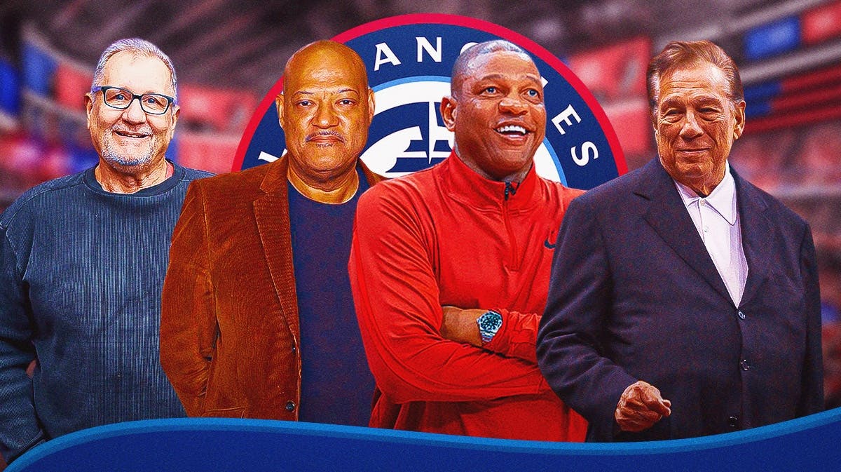 Clippers' Doc Rivers, Donald Sterling stand next to Ed O'Neill, Laurence Fishburne