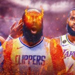Clippers James Harden with Russell Westbrook and LeBron James in game vs Nuggets
