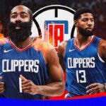 Clippers Paul George stands next to James Harden, Mavericks, NBA Playoffs fans in background