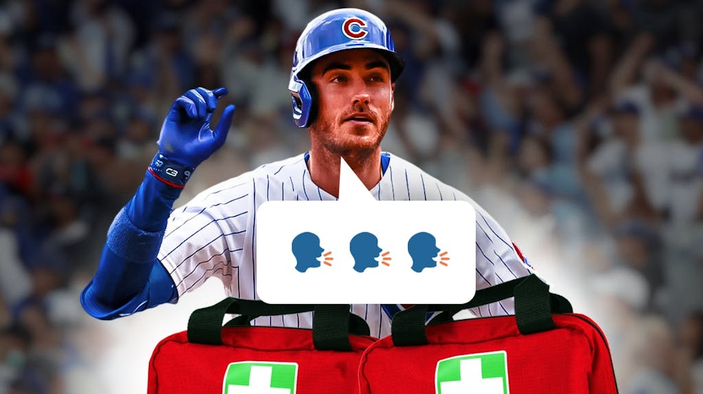 Cubs' Cody Bellinger with a quote bubble and talking head emojis, first aid kits