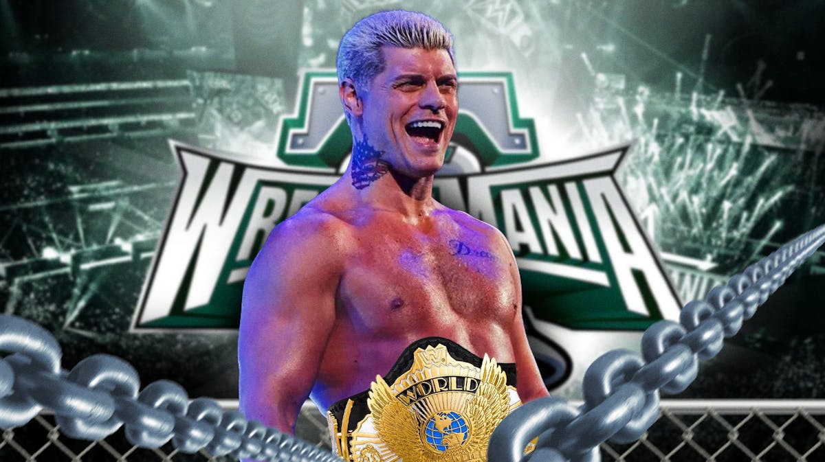 Cody Rhodes with the attacked belt around his waist with the WrestleMania 40 logo as the background.