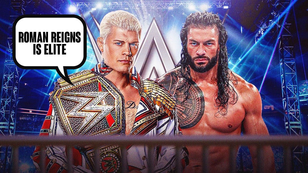 Cody Rhodes with a text bubble reading "Roman Reigns is elite" next to Roman Reigns with the WWE logo as the background.