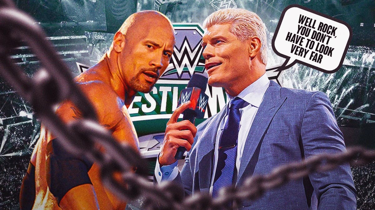 Cody Rhodes with a text bubble reading " Well Rock, you don't have to look very far" next to The Rock with the WrestleMania 40 logo as the background.