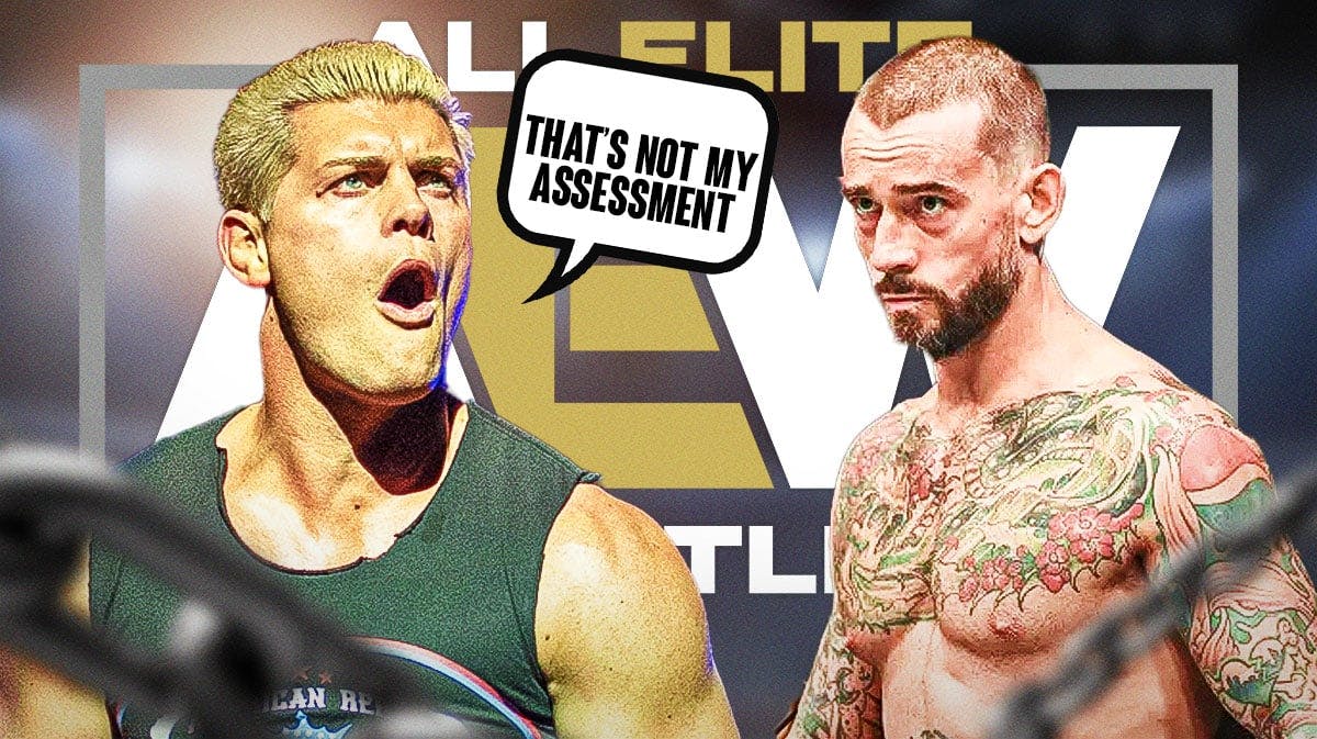 Cody Rhodes with a text bubble reading " That’s not my assessment" next to CM Punk with the AEW logo as the background.