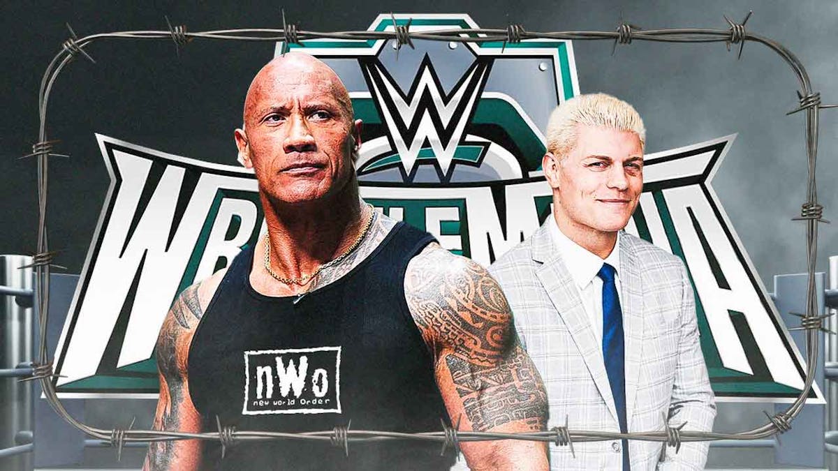 The Rock wearing an NWO shirt next to Cody Rhodes with the WrestleMania 40 logo as the background.