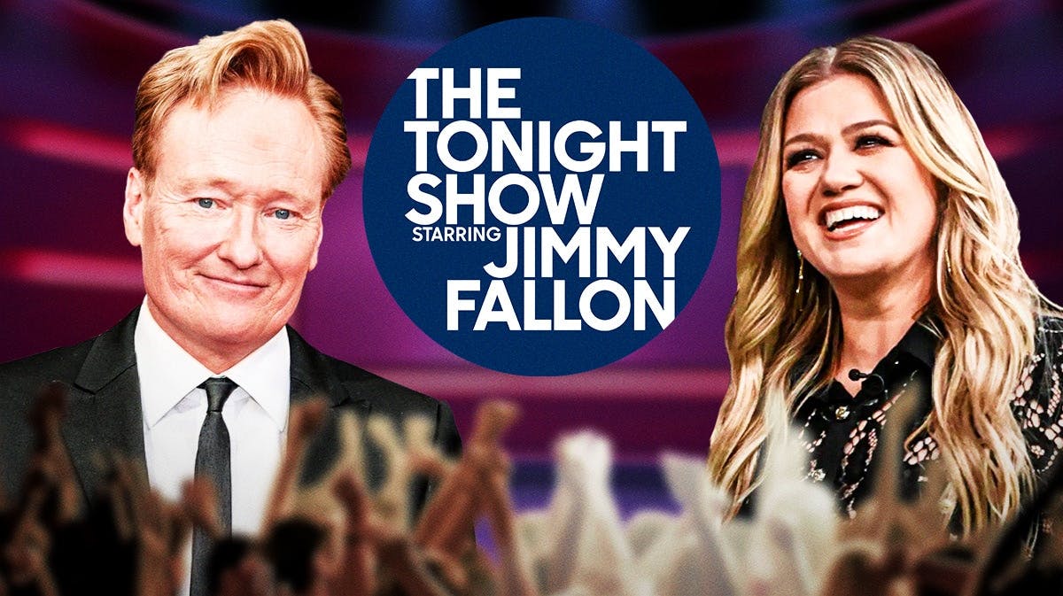Conan O'Brien, Kelly Clarkson and the logo for The Tonight Show Starring Jimmy Fallon