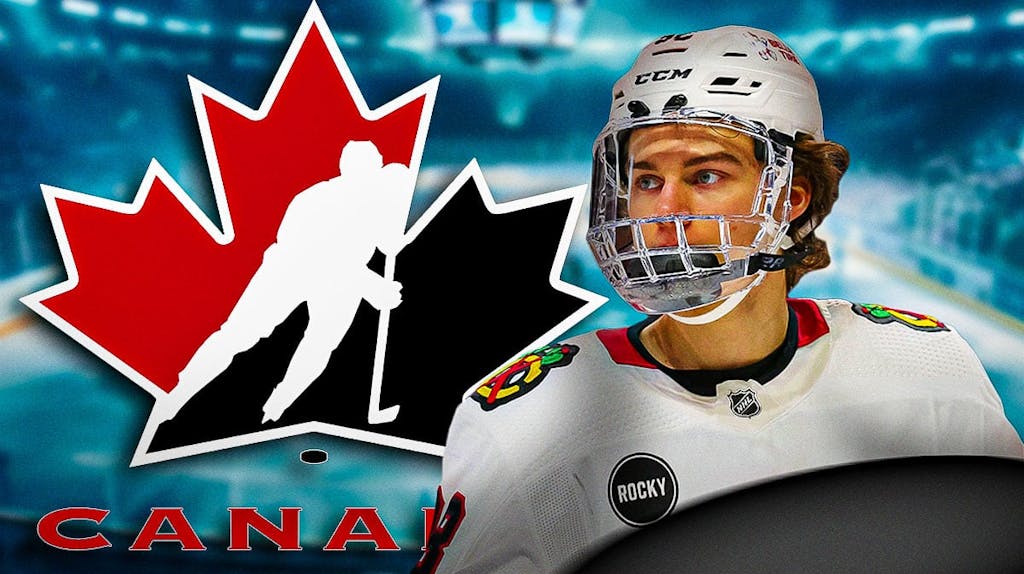Blackhawks' Connor Bedard next to Team Canada hockey logo
