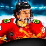 Connor Bedard in middle of image looking happy with fire around him, hockey rink in background, Chicago Blackhawks logo