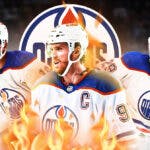 Connor McDavid in middle looking happy with fire around him, Leon Draisaitl and Zach Hyman on either side, EDM Oilers logo, hockey rink in background
