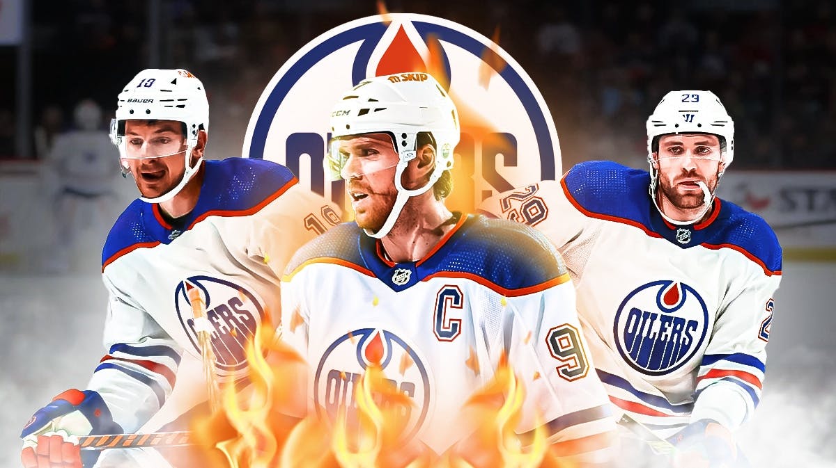Connor McDavid in middle looking happy with fire around him, Leon Draisaitl and Zach Hyman on either side, EDM Oilers logo, hockey rink in background