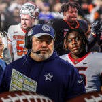 Cowboys Jerry Jones, Mike McCarthy in the middle surrounded by Amarius Mims, Jonathon Brooks, Jalen McMillan, Beaux Limmer, Gabe Hall, Nathaniel Watson, Frank Crum all in action with a 2024 NFL Draft background.