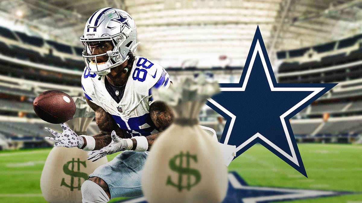 CeeDee Lamb next to a Cowboys logo and moneybags