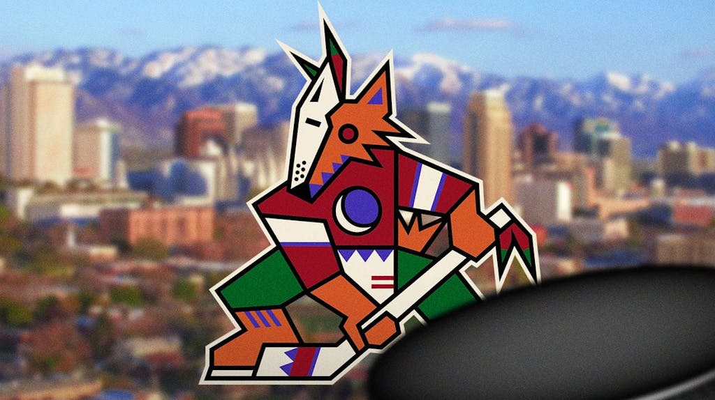 Arizona Coyotes logo with Salt Lake City, Utah in background.