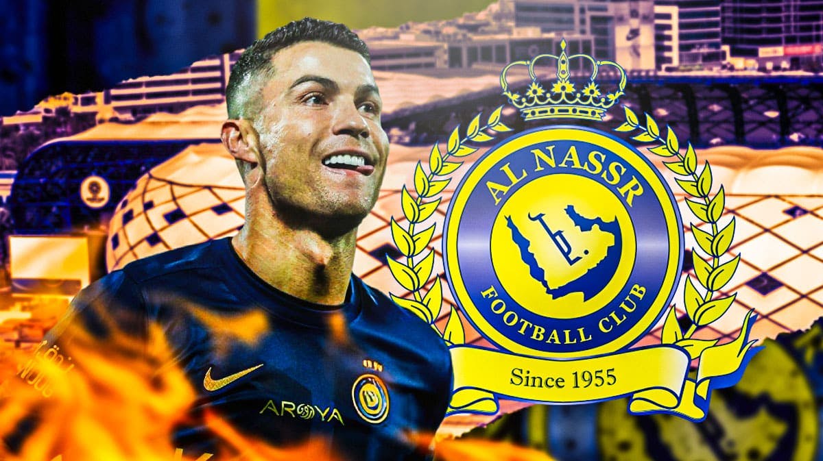Cristiano Ronaldo smiling happily in front of the Al-Nassr logo