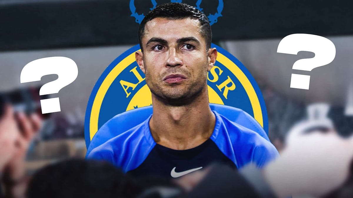 Cristiano Ronaldo sitting on the bench, the Al-Nassr logo behind him, questionmarks in the air