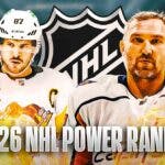 Alex Ovechkin and Sidney Crosby both in image with fire around them looking stern, NHL logo in image, hockey rink in background Week 26 NHL Power Rankings
