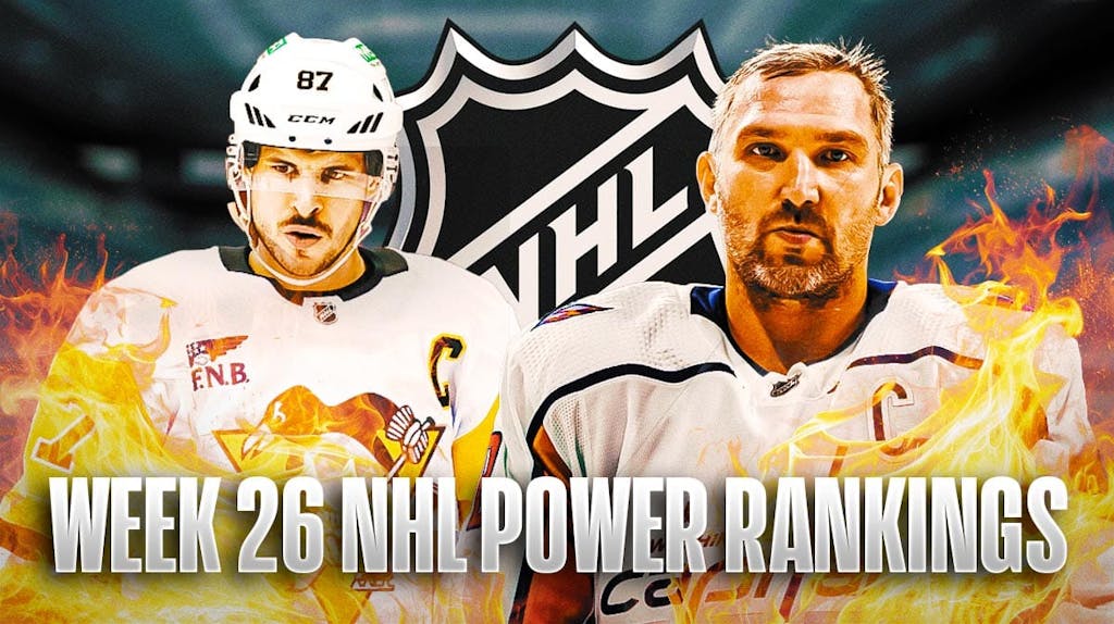 Alex Ovechkin and Sidney Crosby both in image with fire around them looking stern, NHL logo in image, hockey rink in background Week 26 NHL Power Rankings