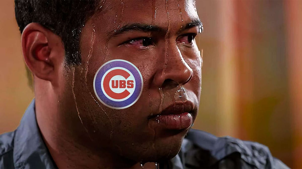 The sweaty guy meme with a facial tattoo of the Cubs 2024 logo