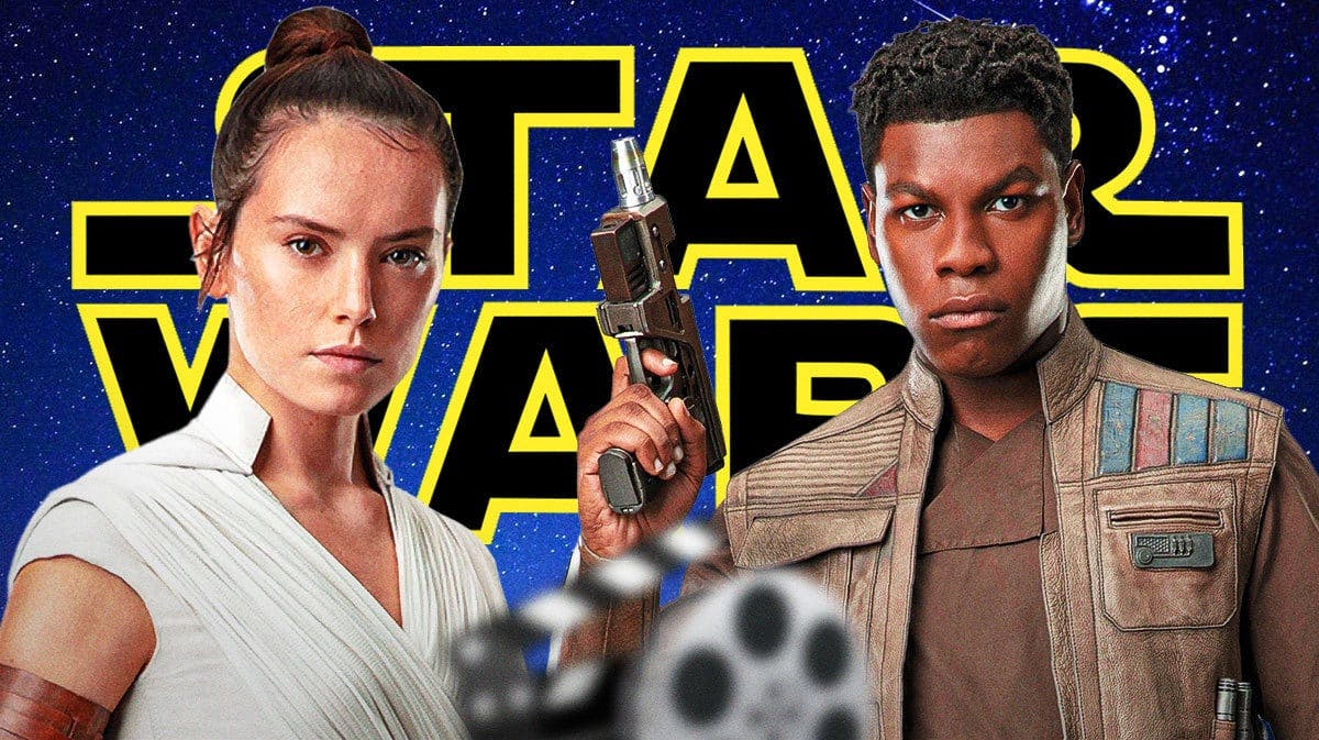Daisy Ridley as Rey and John Boyega as Finn in Star Wars with logo and space background.