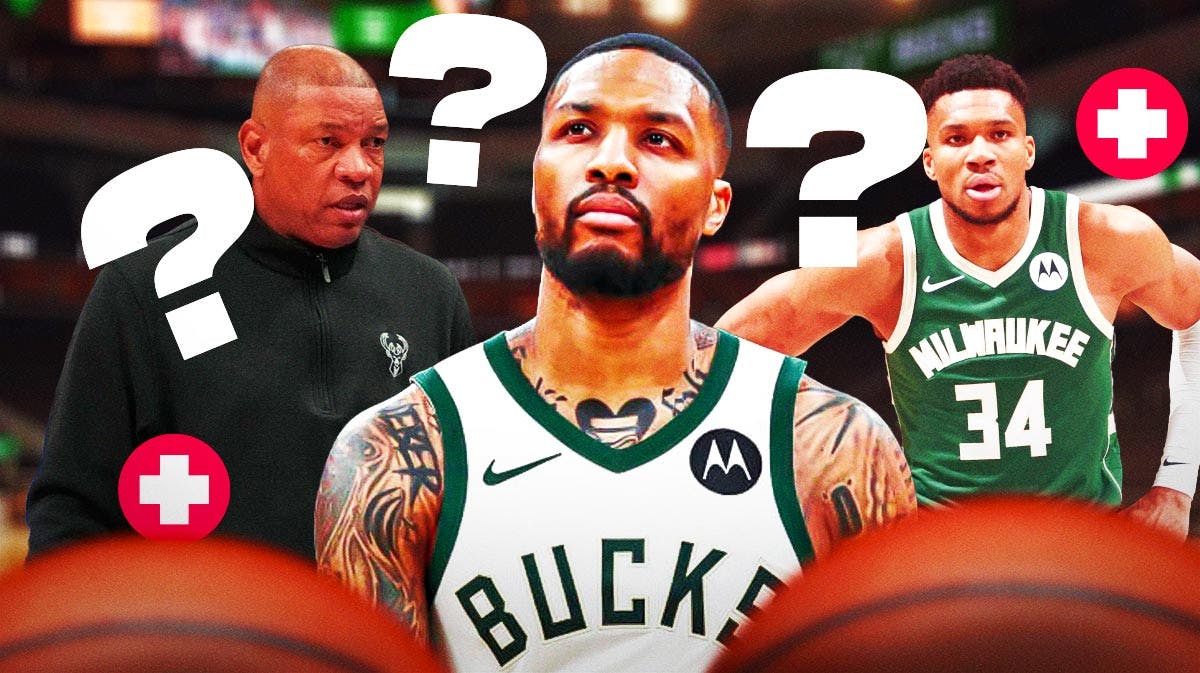 Bucks' Damian Lillard with question marks and injury symbol next to Doc Rivers and Giannis Antetokounmpo