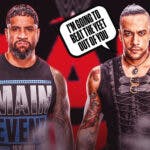 Damian Priest with a text bubble reading "I’m going to beat the YEET out of you" next to Jey Uso with the RAW logo as the background.