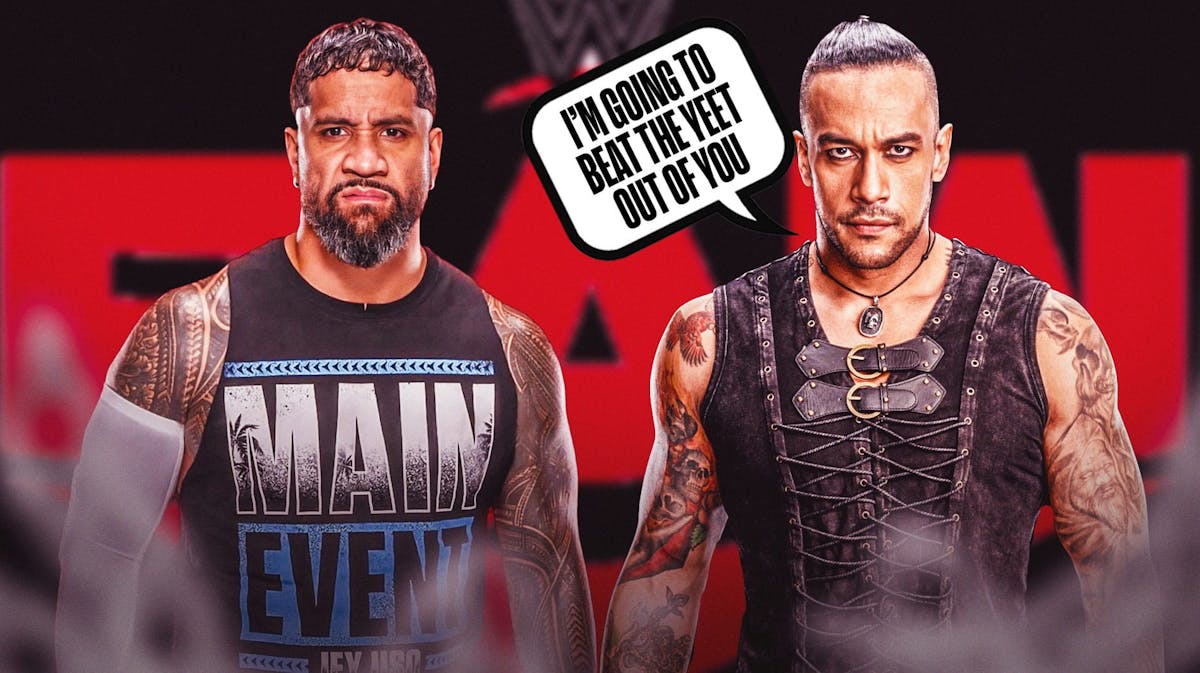 Damian Priest with a text bubble reading "I’m going to beat the YEET out of you" next to Jey Uso with the RAW logo as the background.