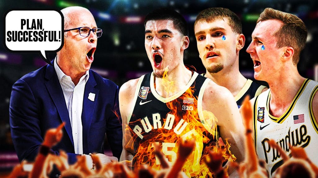 UConn coach Dan Hurley yelling at Purdue Zach Edey's in flames with Braden Smith and Fletcher Loyer in tears