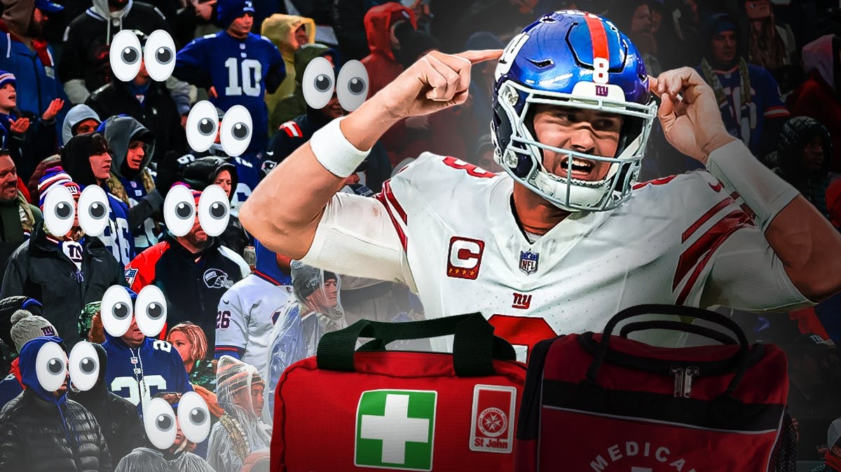 Daniel Jones on one side with an injury kit in front of him, a bunch of New York Giants fans on the other side with the big eyes emoji over their faces