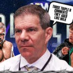 Dave Meltzer with a text bubble reading "Those Triple H comments, they aged like milk" with Will Ospreay on his left and Triple H on his right with the AEW Dynasty logo as the background.