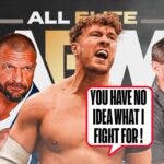 Will Ospreay with a text bubble reading "You have no idea what I fight for!" with Triple H on his left and Dave Meltzer on his right and the AEW Dynamite logo as the background.